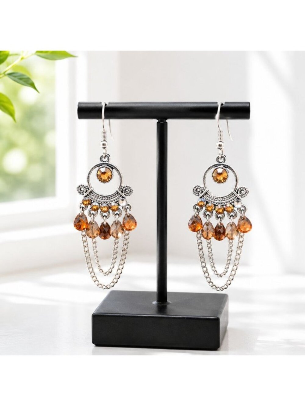 Bohemian Antique-Style Dangle Earrings With Amber Crystals & Silver Chains